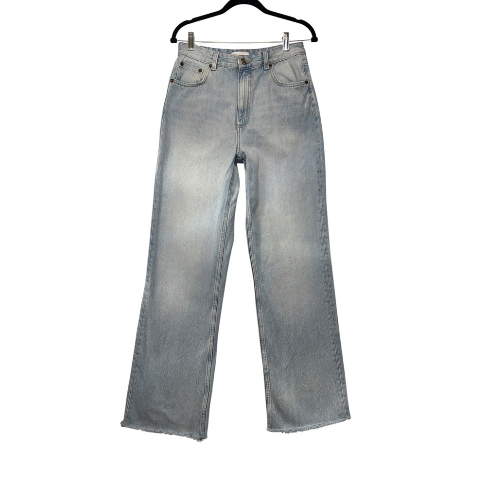 Zara High Rise Wide Leg Jeans Light Wash Blue Raw Hem Size 6
